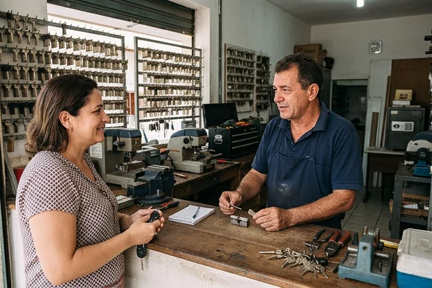 Chaveiro conversando com cliente sobre serviços em Itapipoca.