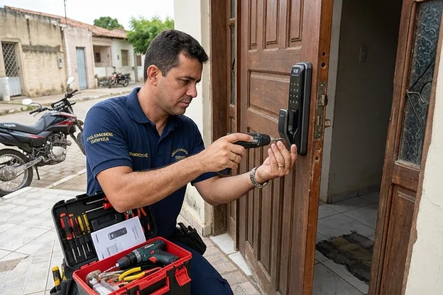 Chaveiro instalando uma fechadura digital em Itapipoca.