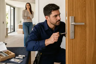 Chaveiro instalando uma fechadura nova em uma porta em Itapipoca.